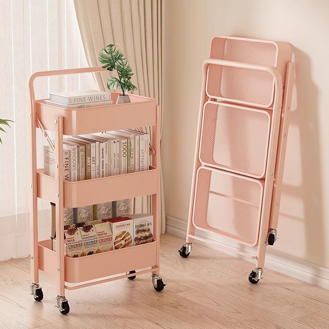 Foldable Household Independent Stackable Shelf Foldable Storage Rack Mobile Organizer Kitchen Display Rack Shelf with Wheels