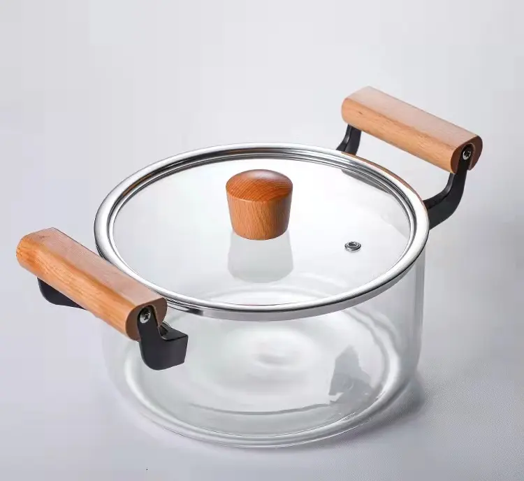 Beste Koop Keuken Cookare Voedsel Pot Sets Kookgerei 304 Roestvrij Staal Oem Verpakking Glas Kookpotten Met Houten Handvat Eco