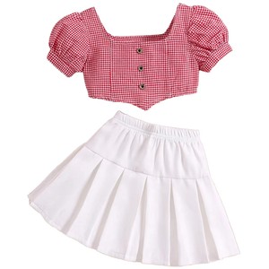 Conjunto de 2 Piezas para Niñas, Top Corto con Mangas Abullonadas a Cuadros y Falda Plisada, <span class=keywords><strong>Ropa</strong></span> de Verano para Niños, Venta al Por Mayor, Compatible con OEM y ODM - Product Image 1