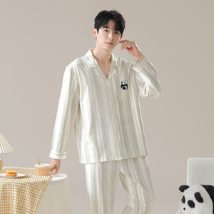 Pijamas de algodón Clase a para <span class=keywords><strong>hombre</strong></span> Pijamas largos a rayas Conjunto de pijamas de <span class=keywords><strong>hombre</strong></span> de algodón a cuadros blancos - Product Image 5