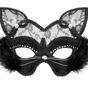 Maschera in maschera veneziana di lusso nero gatto maschera di pizzo per Costume di natale Costume di Halloween feste ragazze donne