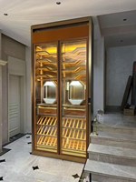 Cave à vin moderne en acier inoxydable doré à double zone, avec casier à bouteilles en chêne massif, éclairage LED intégré et température constante