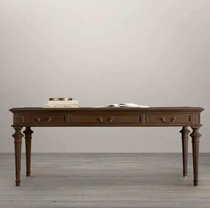 Table basse vintage en chêne massif vieilli, style campagne française, avec 3 tiroirs de rangement, pieds tournés, table centrale pour salon - Product Image 5