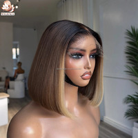 Peluca Bob Recta con Cierre de Encaje HD 5x5 sin Pegamento, con Mechas Ombre Marrón y Rubias, Cabello Humano Virgen Vietnamita Natural