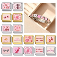 En gros, Breloques italiennes en émail motif cœur, citation et lèvres, couleur rose tendance, en acier inoxydable, pour la création de bijoux et bracelets à breloques