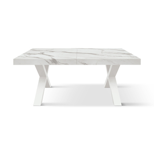 Table à manger effet marbre avec pieds croisés blancs, base en MDF, usage intérieur - Product Image 3