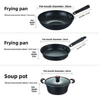 Ensemble de trois ustensiles de cuisine antiadhésifs en pierre Maifan, comprenant une poêle à frire, une marmite à fond plat et des couvercles en verre trempé, style coréen, logos personnalisés