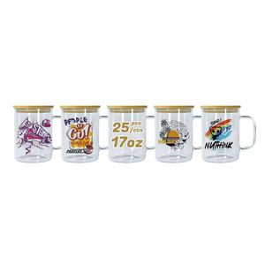 RTS USA 25 pièces/carton 17oz Verres à bière en verre transparent pour sublimation, avec poignée et couvercle en bambou, sans BPA, anti-fuite, réutilisables, style américain - Product Image 1
