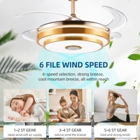 Ventilateur de plafond moderne d'intérieur avec lampe LED, lustre doré, rétractable invisible, ventilateur de plafond Bluetooth avec lumière et musique