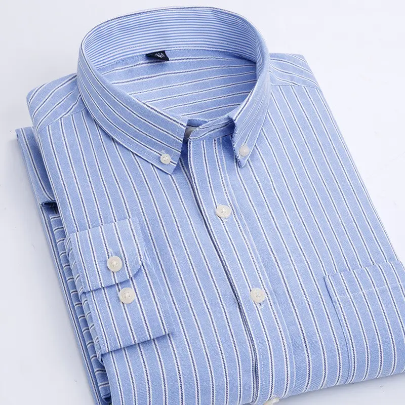 Male Teens Business Casual Formal Wear Plaid Stripe Shirt Fashion Men Long Sleeve Oxford Shirt