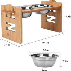 Soporte de bambú para comederos de mascotas, doble y elevado, para gatos y perros, soporte de madera para comida con tazones de acero inoxidable - Product Image 2
