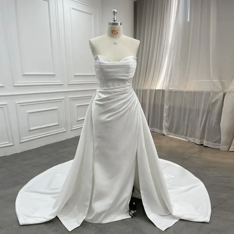 Elegant Satin Bride Dress Sweetheart Neckline Ruches Handwork Corset Bones Detachable Skirt Wedding Dresses