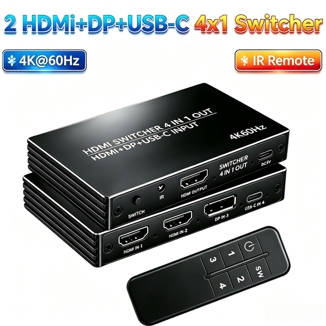 4 in 1 HDMI Switcher, 2x HDMI + DP + USB-C Input to HDMI Output Switch with IR Remote, 4K 60Hz Multi-Source Video Switch for PS5