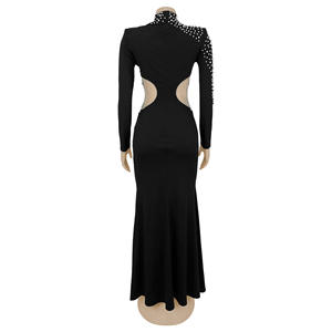 エレガントで豪華な女性用パールホローデイ高級ロングスリーブマーメイドプロムマキシ丈ソリッドパターンナチュラルウエストライン織り - Product Image 5