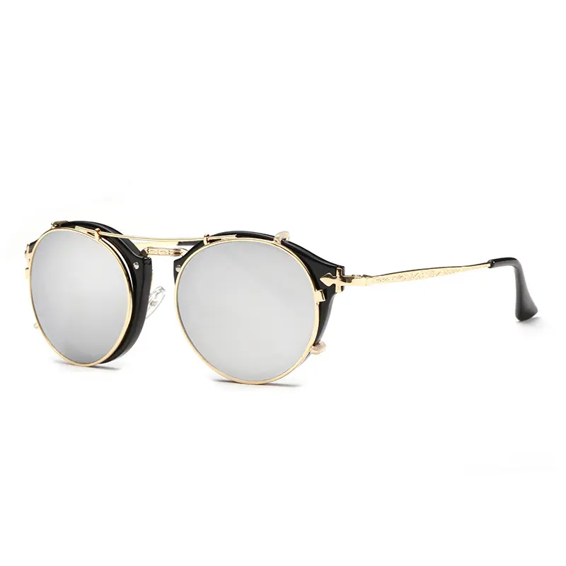 Newest 2022 Vintage Round Steampunk Flip Up 80s Retro Sunglasses Designer Circle Shades Sunglasses 2021 for Men and Women