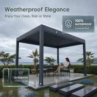 Pergola extérieure moderne en aluminium, pergola motorisée à lames orientables effet bois avec contrôle par application et capteur de pluie RGB