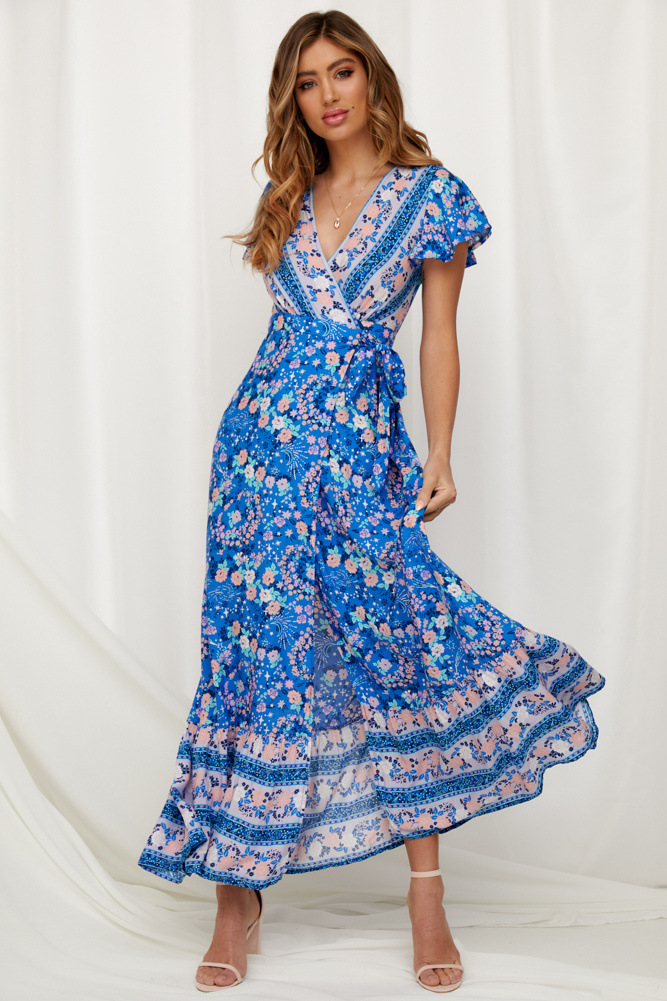 High Quality Summer Women Sky Blue V Neck Beach Resort Floral Printed Maxi Dress Bohemian Wrap Split Maxi Party Dress