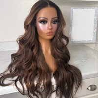 Perruques en dentelle frontale 360 Full HD pour femmes, cheveux vietnamiens Remy à cuticules alignées, couleur marron foncé avec mèches, ondulation lâche à 150%, sans colle
