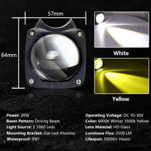 ไฟสปอร์ตไลท์ LED ด้านหน้า 20W ออกแบบใหม่ ไฟตัดหมอกแบบสองสี กันน้ำ สำหรับรถจักรยานยนต์ รถบรรทุก รถเอทีวี และรถยนต์ - Product Image 4