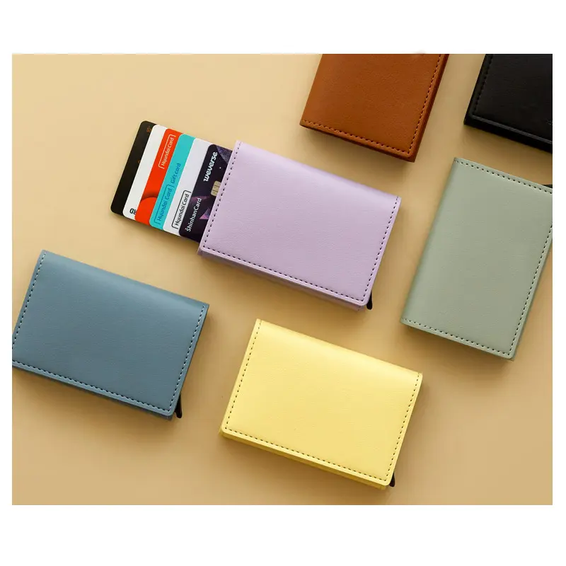 Leather Business Metal Aluminum Wallet Men RFID Blocking Leather Slim Pop Up Card Holders Card Case