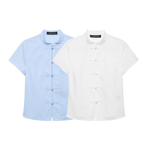 Camisa de Popelina Vintage Personalizada para Mujer con Botones Chinos de Nudo de Rana, Blusa Retro de Manga Corta de Algodón, OEM/ODM por Fábrica China - Product Image 1