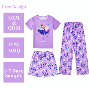 Set pigiama da ragazza 3 pezzi camicia a manica corta autunno pantaloni Top con tasche pigiama da ragazza da casa 7-14 anni - Product Image 1