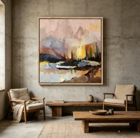 Peinture à l'huile sur toile texturée peinte à la main, champ de fleurs sauvages, art mural abstrait, paysage luxueux, cadre en bois, bleu beige floral
