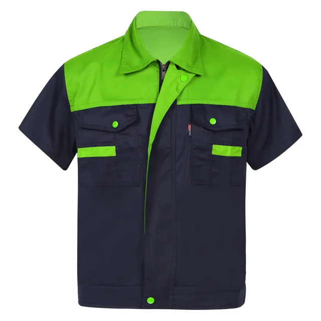 Camisa de manga corta de trabajo para hombre, camisa con cuello vuelto, con bloque de Motor de Color, uniformes mecánicos de taller