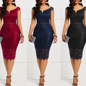 Nouvelle Mode <span class=keywords><strong>Robe</strong></span> <span class=keywords><strong>de</strong></span> Soirée Décontractée à Épaules Dénudées sans Manches en Dentelle pour Femmes, Fermeture Éclair au Dos, Coupe Crayon Ajustée et Unie - Product Image 1