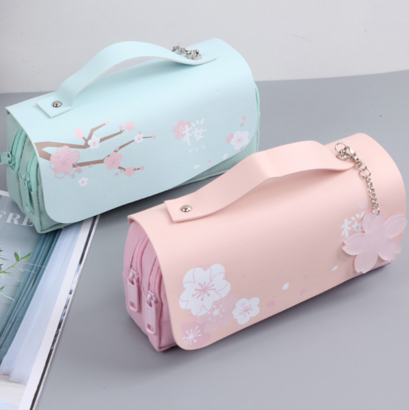 Sakura Pencil Bag PU Leather Pen Case Kawaii Stationery Ruler Pouch School Girl Sweet Eraser Holder Stress Release Pencil Bag