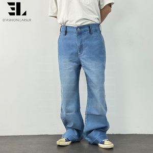LARSUR Custom Factory Distressed Acid Wash Sun Faded Twill <strong>Moleskin</strong> Chore French Blue Work Pants Straight French Work <strong>Trousers</strong> - Product Image 4