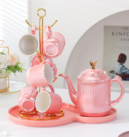 Service à thé en céramique à rayures verticales européennes avec plateau en métal doré, ensemble de vaisselle haut de gamme, cadeau de nouvelle maison, ensemble de tasses à café