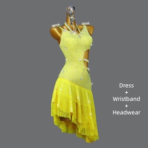 Robe de danse latine pour femme, franges, strass, costume de compétition de danse de salon, jaune, découpes asymétriques, performance scénique - Product Image 4