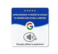 Carte NFC Google Business Review 12x12cm personnalisée multilingue (anglais, espagnol, portugais) pour hôtel, avec puce NTAG213, étanche, mini