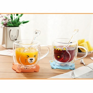 Buona vendita cartone animato animale vetro succo di latte tazza di vetro doppia parete tazza di vetro con manico - Product Image 5