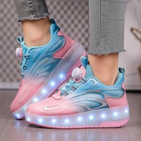 Nouvelles chaussures à roulettes KJ 2027 transfrontalières, à une rangée de roues en caoutchouc PU, antidérapantes, avec éclairage LED, rechargeables par USB, en tissu PU maillé pour le patinage