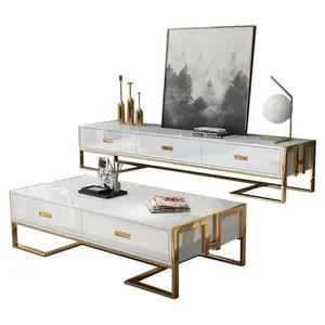 ทีวีห้องนอน Suppliers-ชุดเฟอร์นิเจอร์ห้องนั่งเล่นการออกแบบที่หรูหราที่ทันสมัยทีวียืนโต๊ะกลางกาแฟทองสแตนเลสยืนตู้ไม้