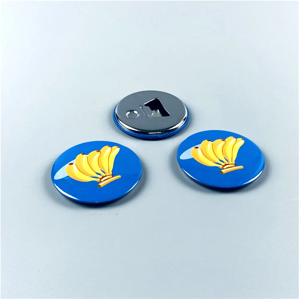 Promotional custom sublimation blank logo printing button pin metal tin tinplate 58mm bottle opener button badge with magnet