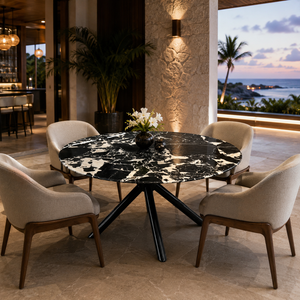 Customized Luxury Black Marble Quartzite Dining <b>Table</b> Round <b>Top</b> Modern Villa 6 Seater Metal Legs <b>Stone</b> Furniture - Product Image 5