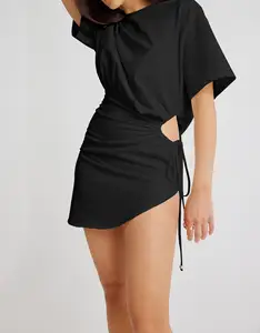 Wholesale Women Casual Black dress short sleeve O neck Linen mini dress for ladies