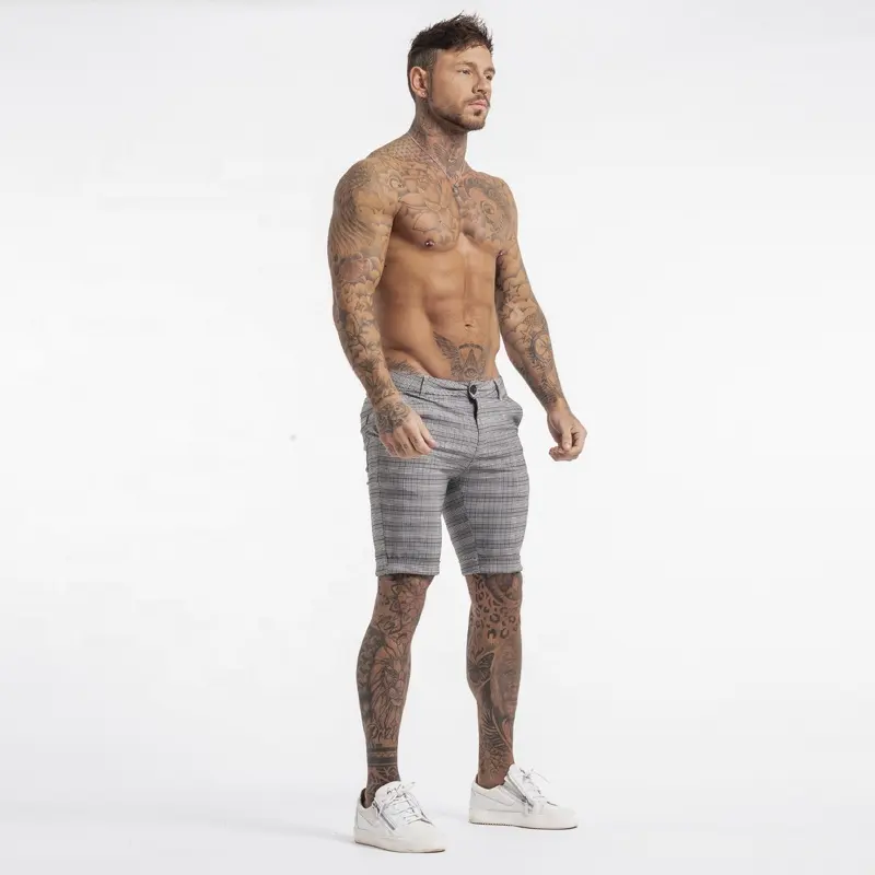 New Style Summer Men Skinny Shorts Grey Plaid Chino Half Pants For Men