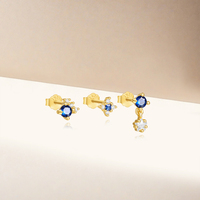 Boucles d'oreilles en or 18 carats, exquises, petites, avec zircon bleu fantaisie, design étoile, ensemble de trois pièces, boucles d'oreilles en zircon