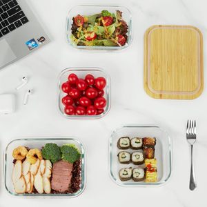 New Design Glass Food Container <b>Lunch</b> <b>Box</b> Microwave Safe Heatable Plastic Lid Dual Tier BPA Free Sustainable with Knife and Fork - Product Image 5