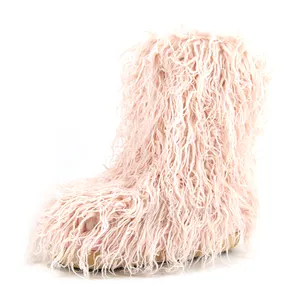 Faux Fur Boots for Women Fuzzy Fluffy Furry Round Toe Suede Winter Snow Boots Flat Shoes