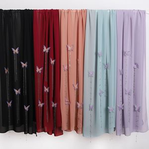 Bufanda larga de gasa de un solo color hecha a mano con borla de cadena de mariposa, chal fino e informal de 70*170cm para mujer - Product Image 1