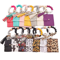 Dompet Kartu Wanita Kulit PU Motif Leopard dengan Tali Gelang Manik-Manik Silikon dan Gantungan Kunci, Cocok untuk Hadiah