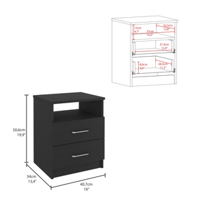 Table de chevet Naples à deux tiroirs et une étagère, noire, unité de rangement pour chambre à coucher - Product Image 6