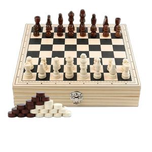 Jeu de société pliable International Chess Checkers Tic-Tac-Toe dans un ensemble en bois avec emballage de boîte en bois pratique - Product Image 3