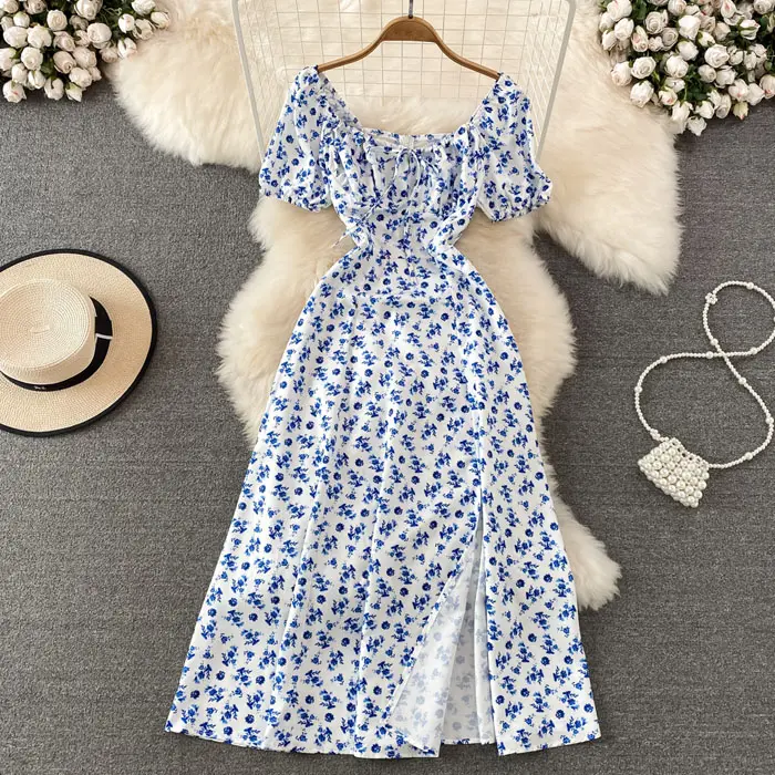 YM3051 New 2023 French Chic Tiny Floral Print Short Sleeve Front Split Long Dress Women Stylish Dresses Clothing 3