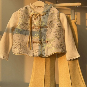 Tongxingyuan Girls Traditional Chinese Vest Pants Set Yellow Floral Thickening New Year Outfit - Product Image 2